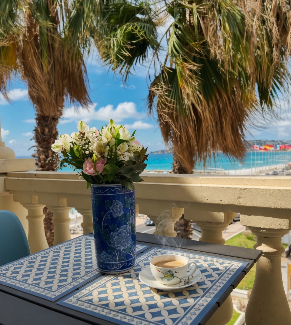 Private balcony table with coffee and Mediterranean sea view in Menton