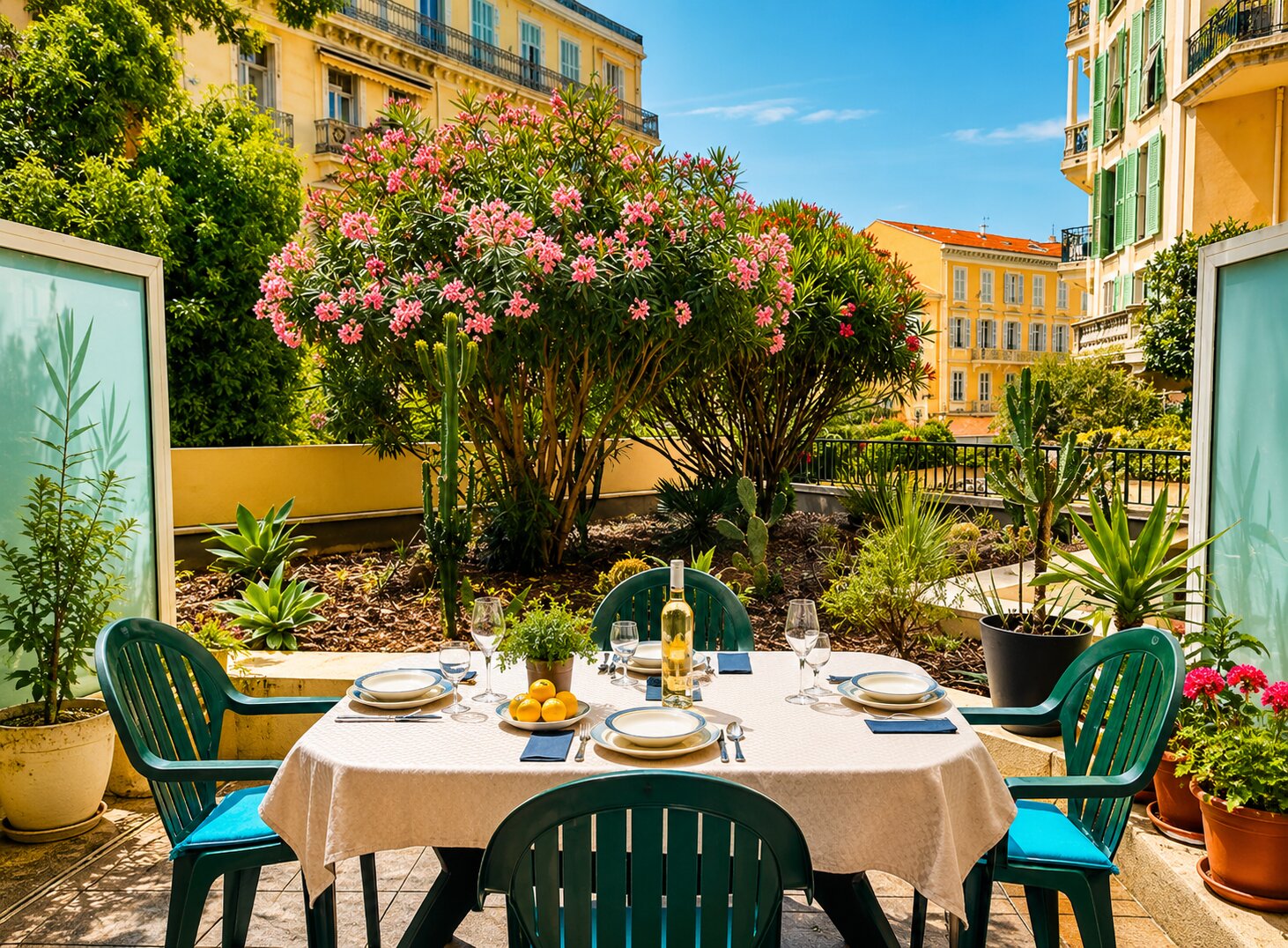 Private terrace with outdoor dining table and garden view in central Menton