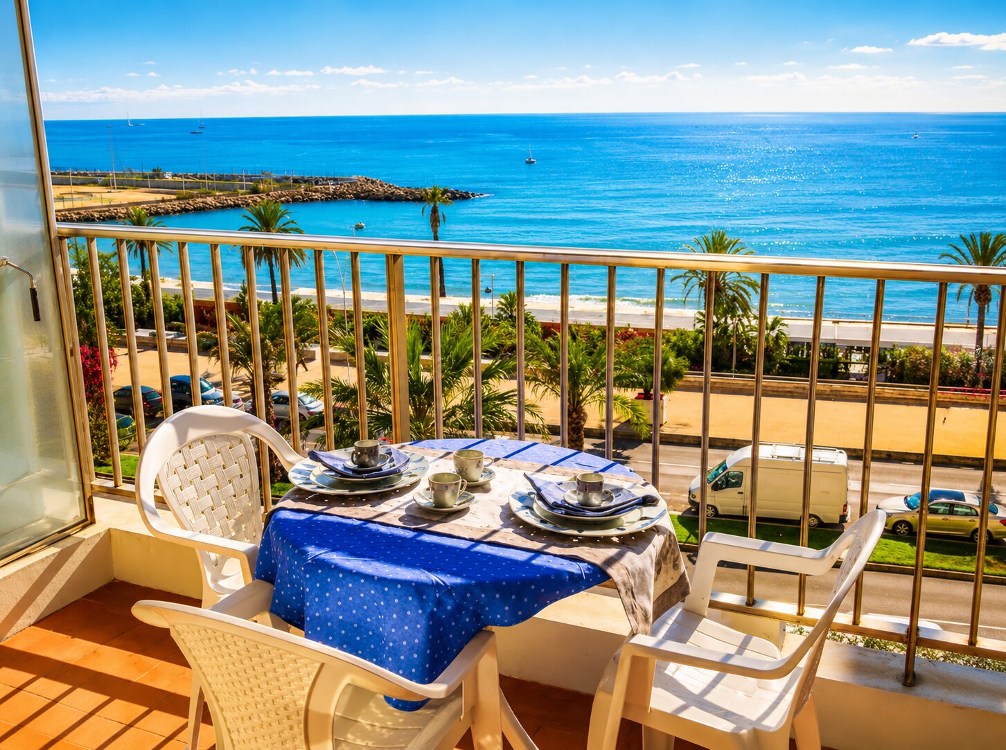 Private balcony with breakfast table overlooking the Mediterranean sea in Menton