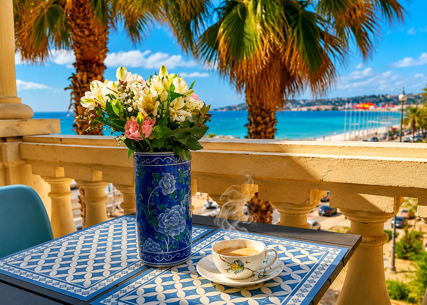 Private balcony table with coffee and Mediterranean sea view in Menton