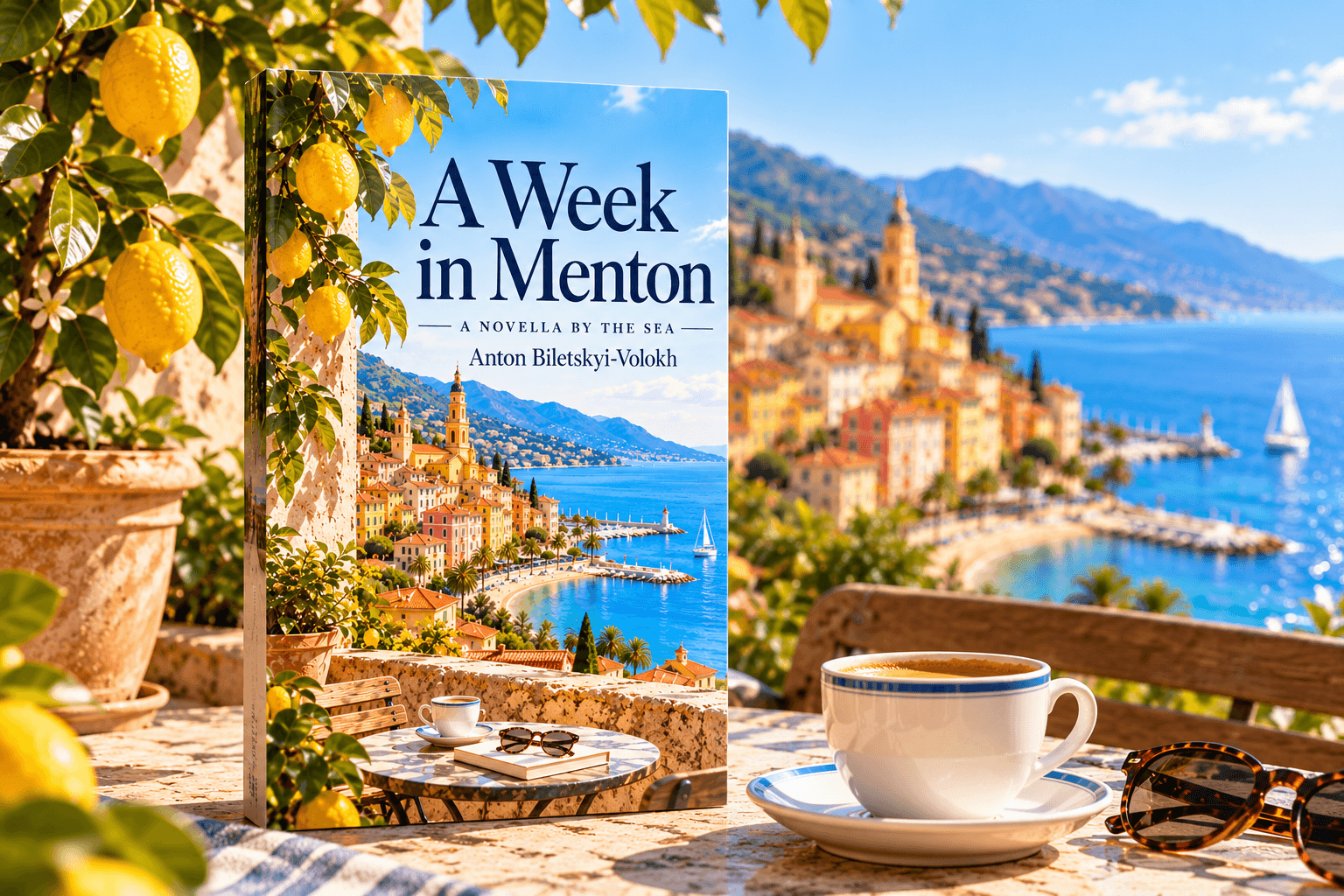 A Week in Menton book displayed on a terrace overlooking the sea