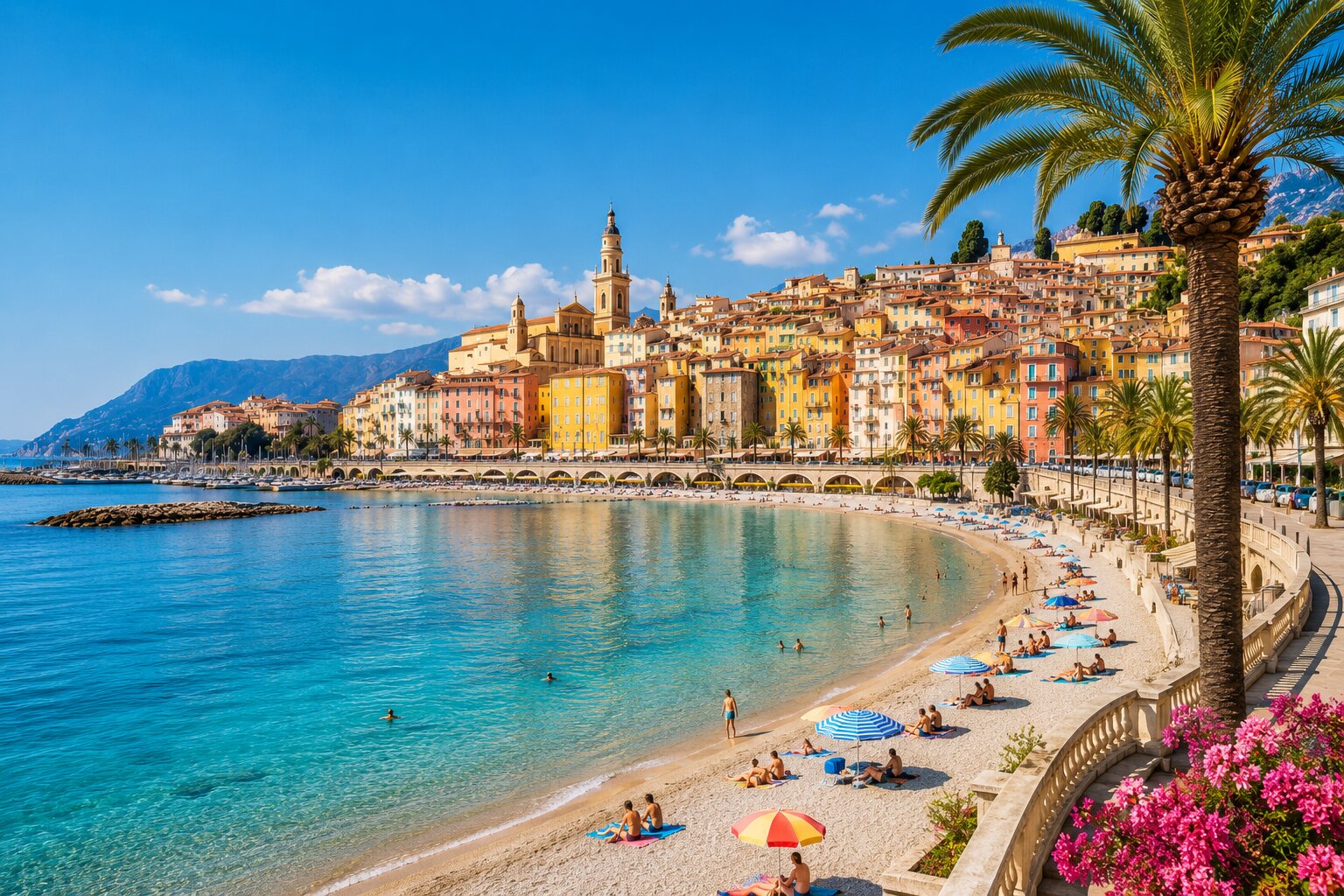 Illustration of Menton beaches, palm trees and the Mediterranean coast
