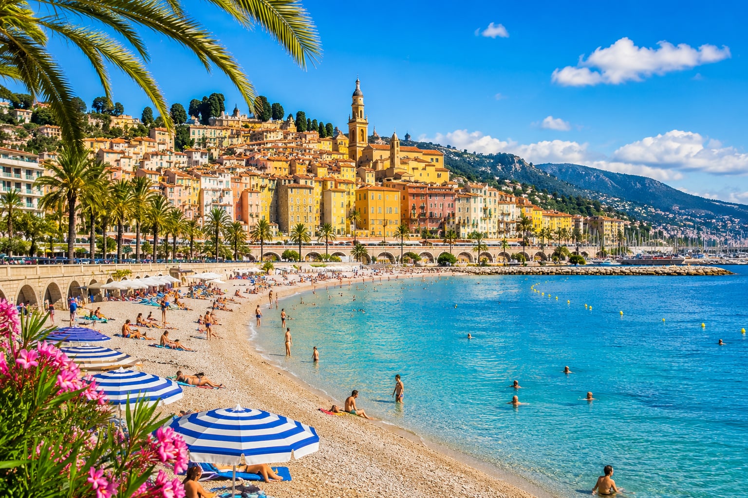 Illustration of Menton beaches and the Mediterranean