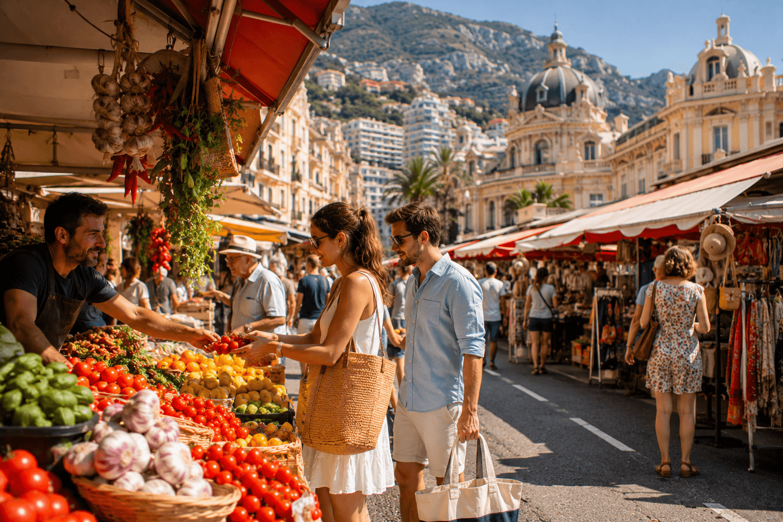 Market stalls and produce near Menton and nearby Riviera towns