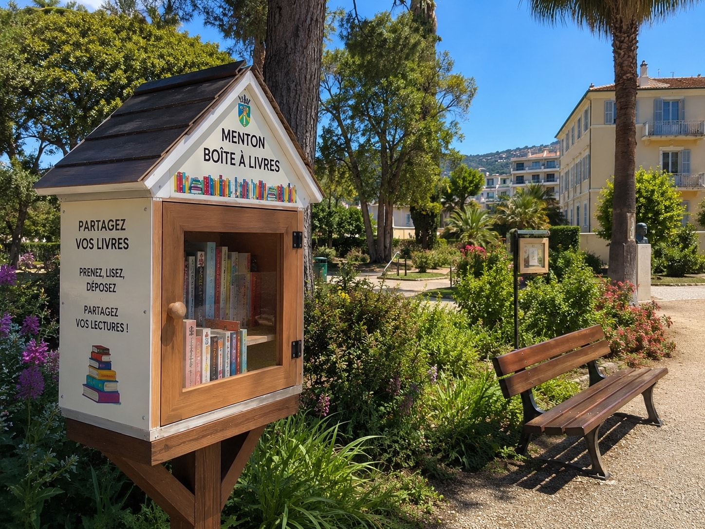 Illustration of the Jardin Elisee Reclus book-exchange box in Menton