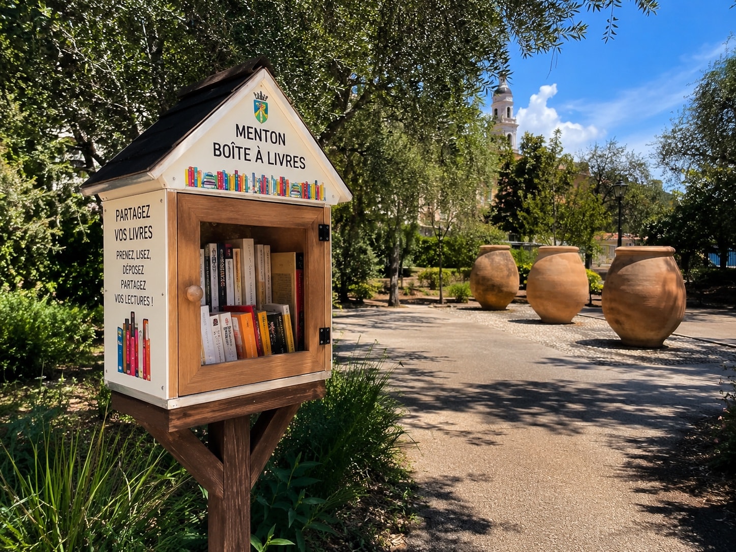 Illustration of the Jardin des Trois Jarres book-exchange box in Menton