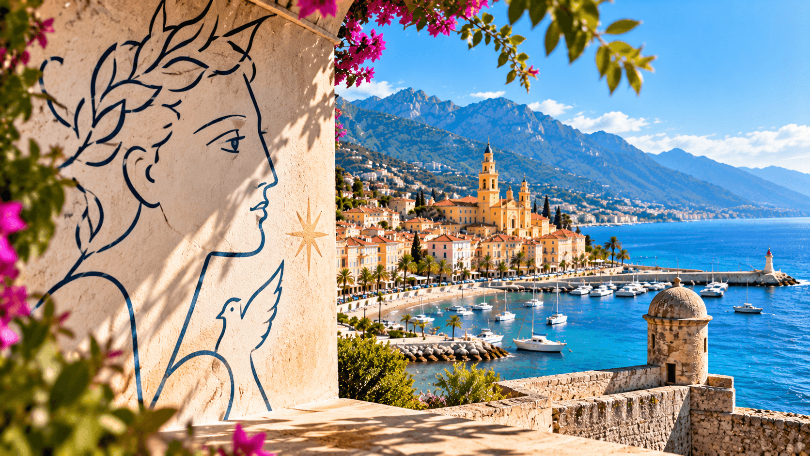 Illustrazione ispirata alle linee di Cocteau con Mentone e il porto vecchio