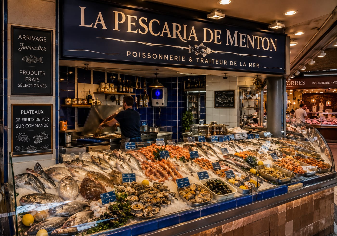 Illustration of La Pescaria de Menton fishmonger in the covered market