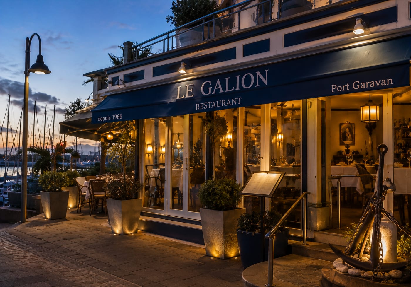 Illustration of Le Galion restaurant at Port Garavan in Menton