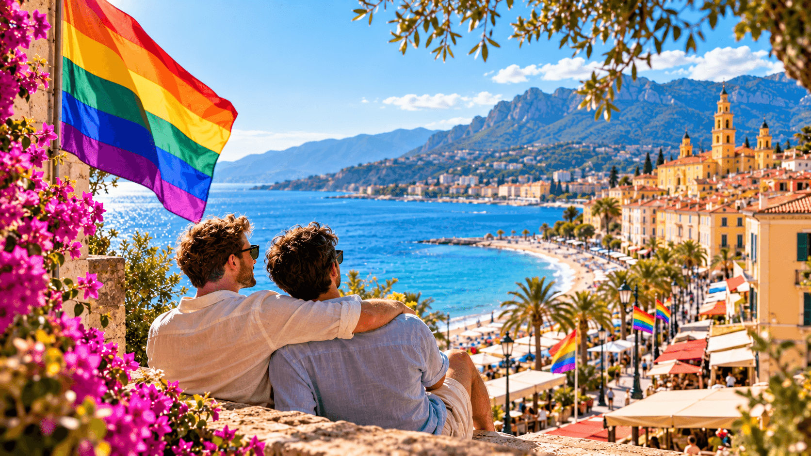 Illustration of a couple and rainbow flag overlooking Menton's seafront