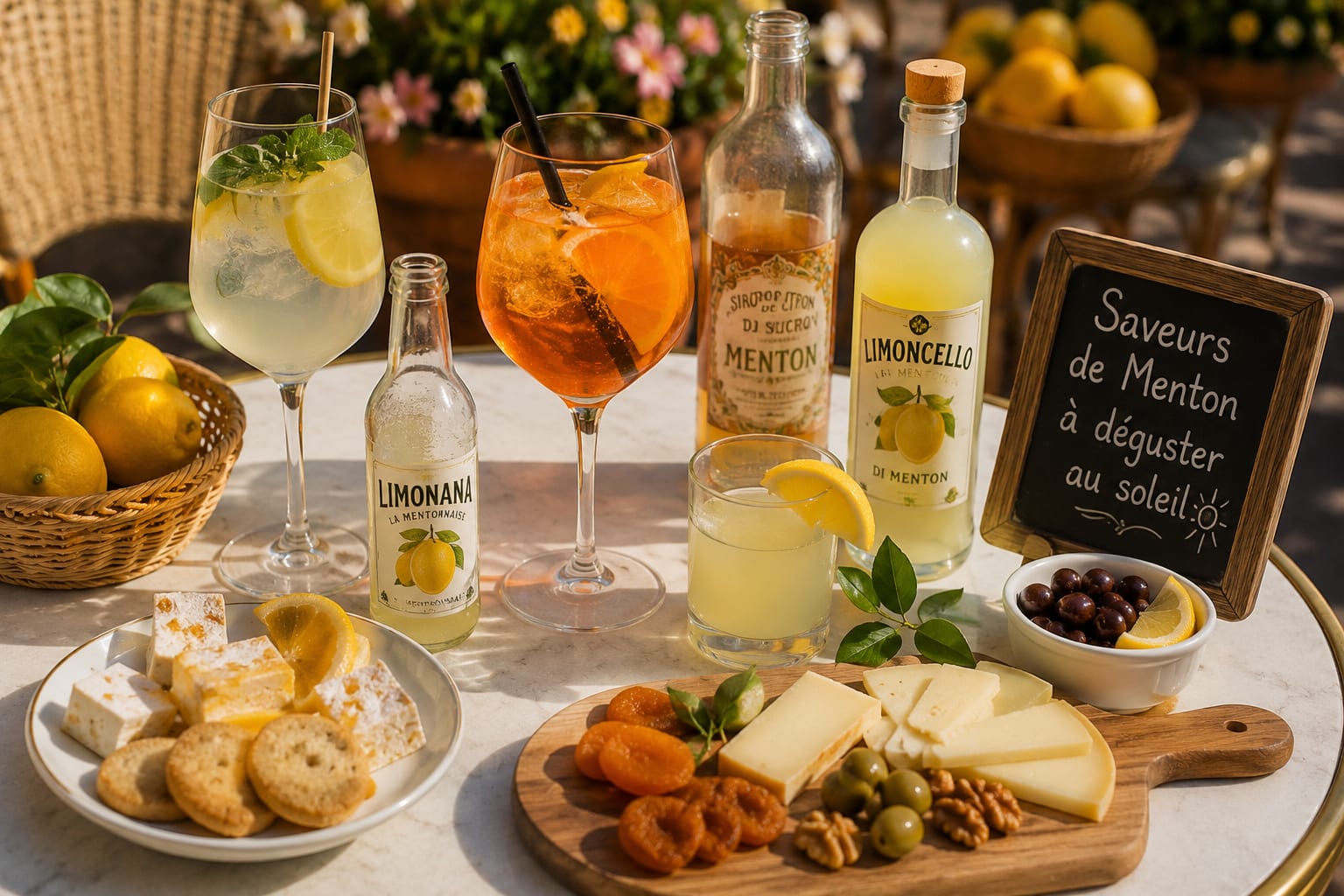 Illustration of citrus drinks and apartment pairings in Menton