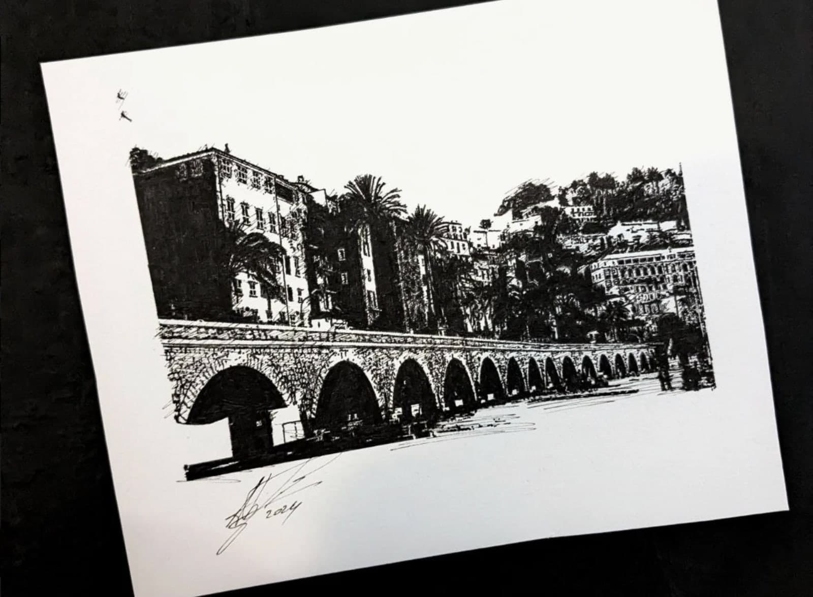 Original hand-drawn Menton postcard: Under the arches