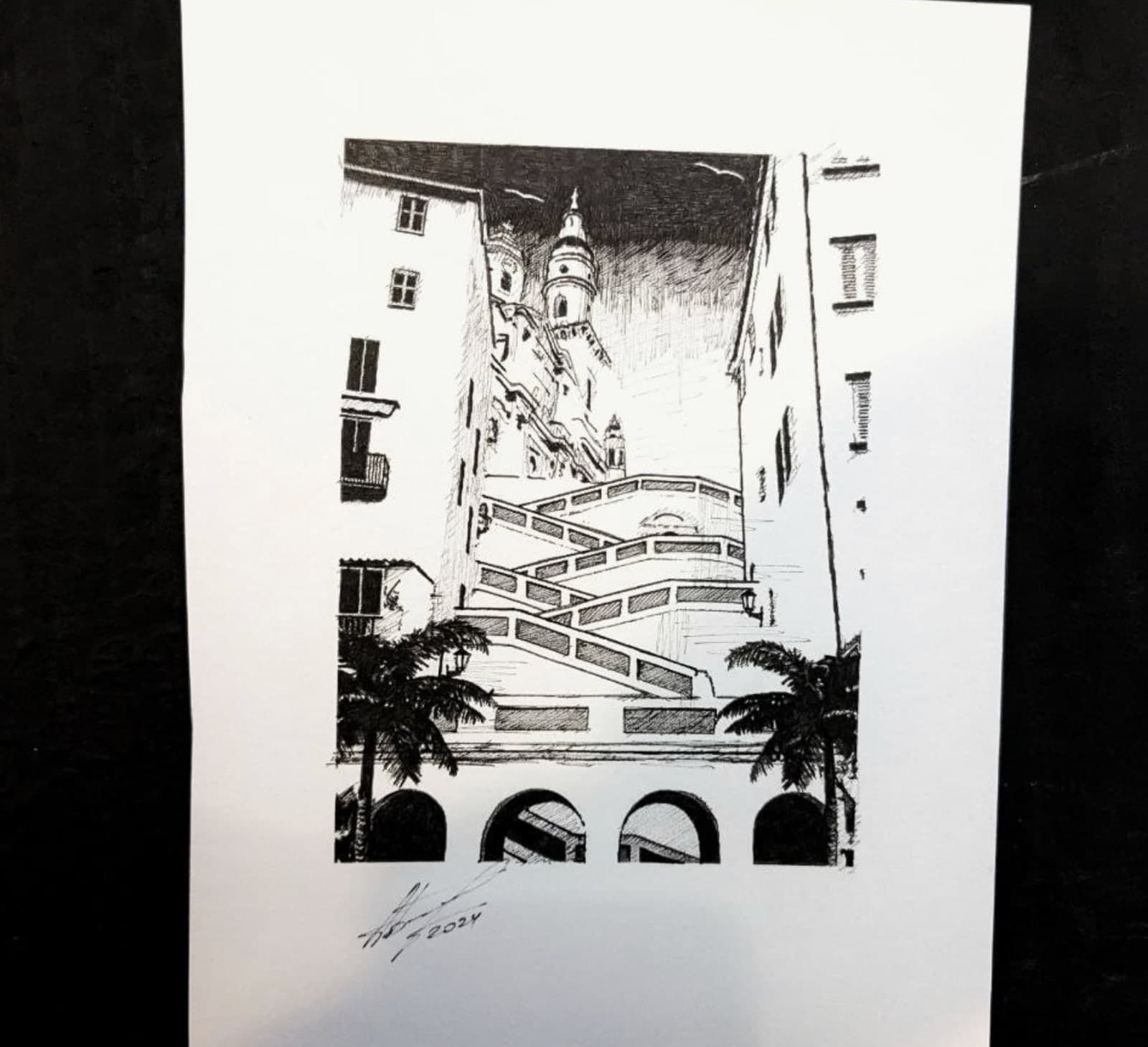Original hand-drawn Menton postcard: Basilica from the steps