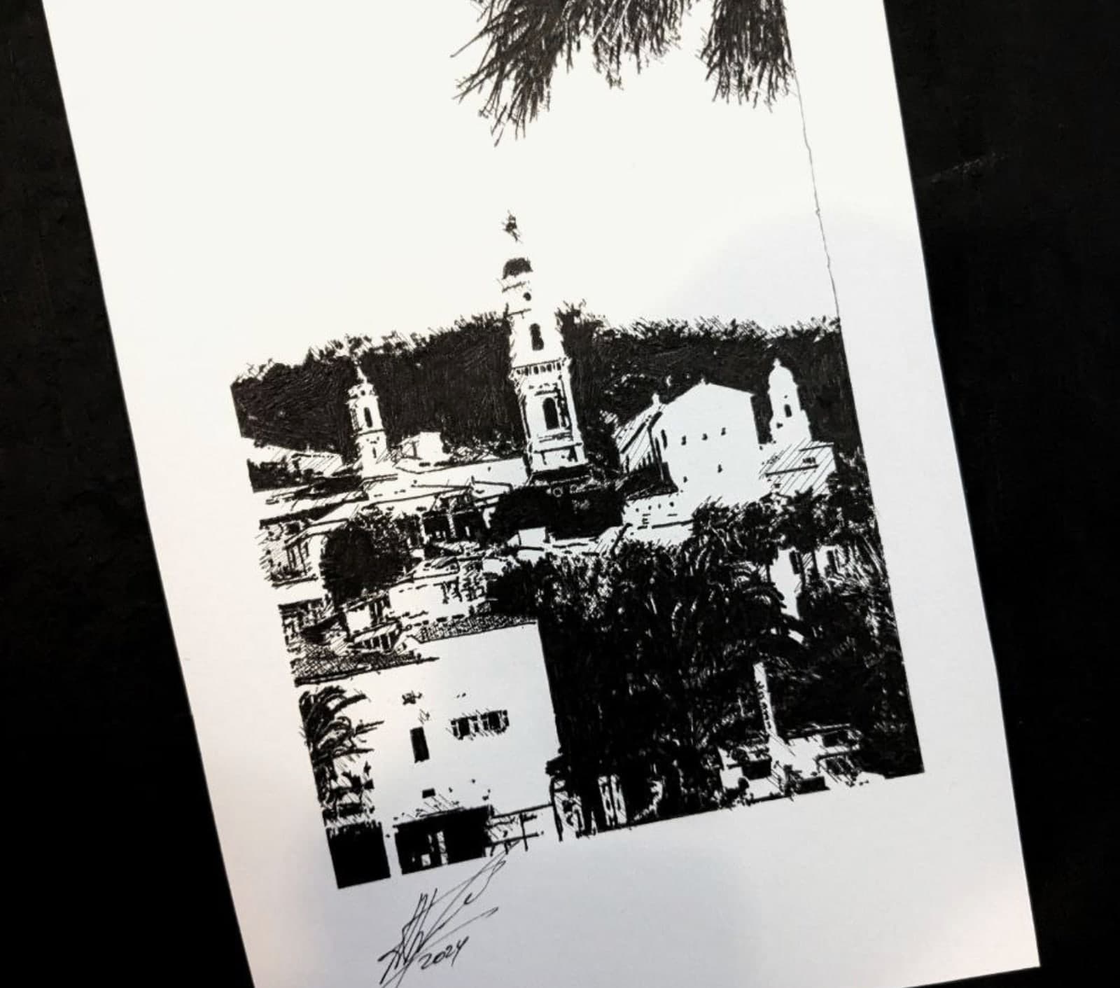 Original hand-drawn Menton postcard: Church and garden