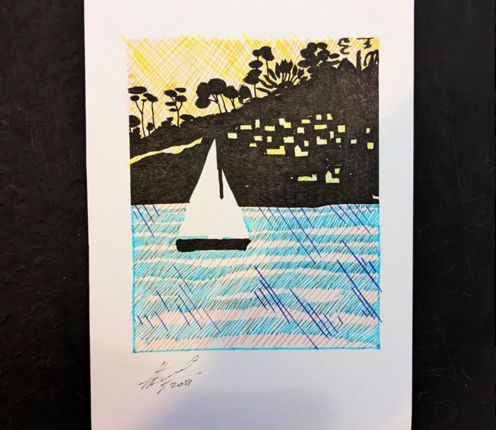 Original hand-drawn Menton postcard: Coastal sailboat
