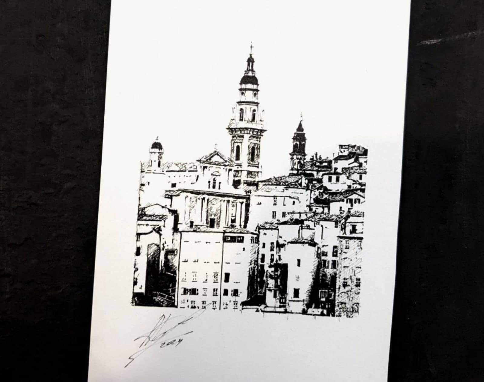 Original hand-drawn Menton postcard: Facade after rain