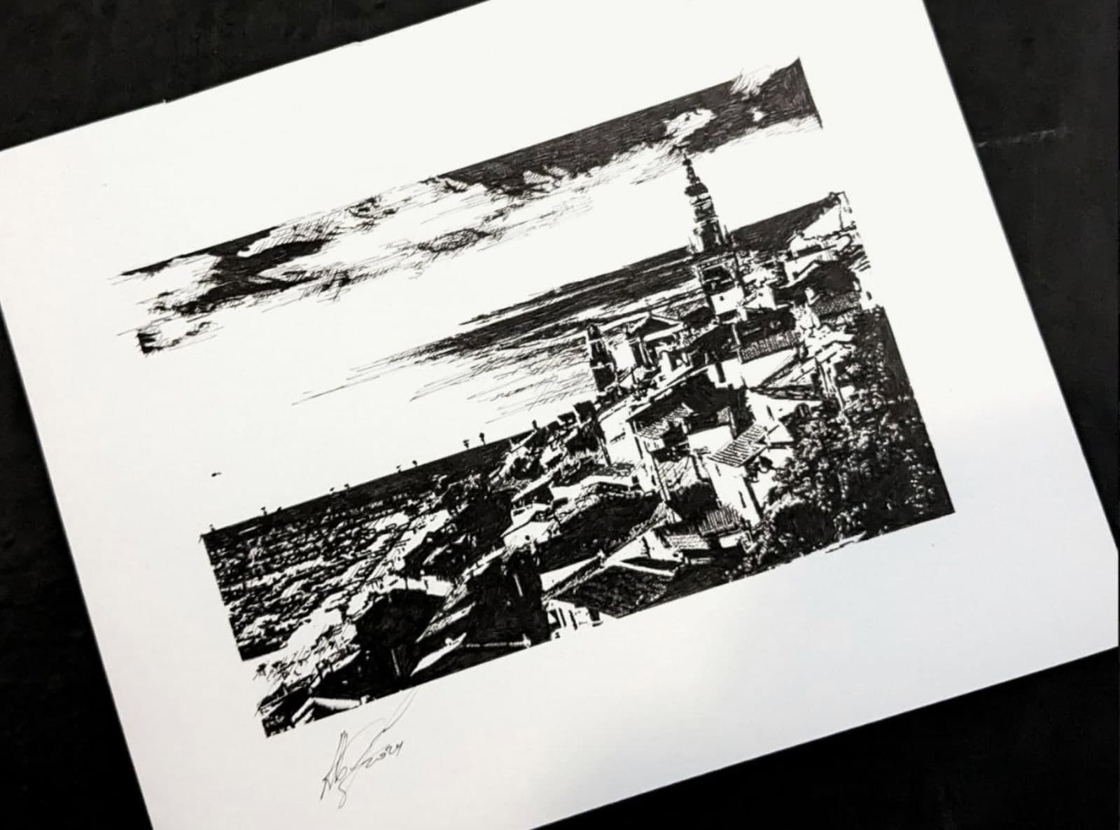 Original hand-drawn Menton postcard: Old town above the sea