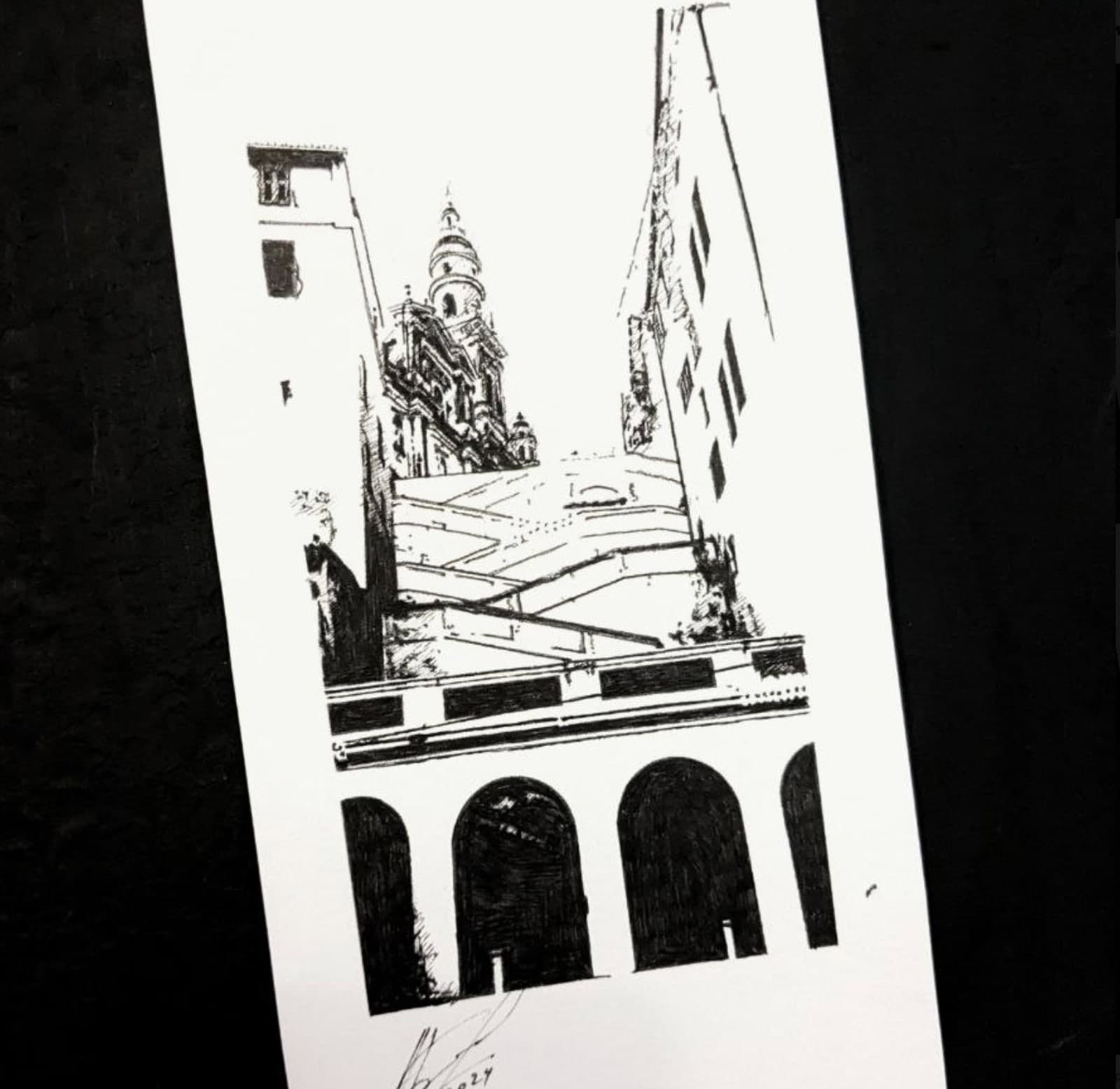 Original hand-drawn Menton postcard: Steps toward a bell