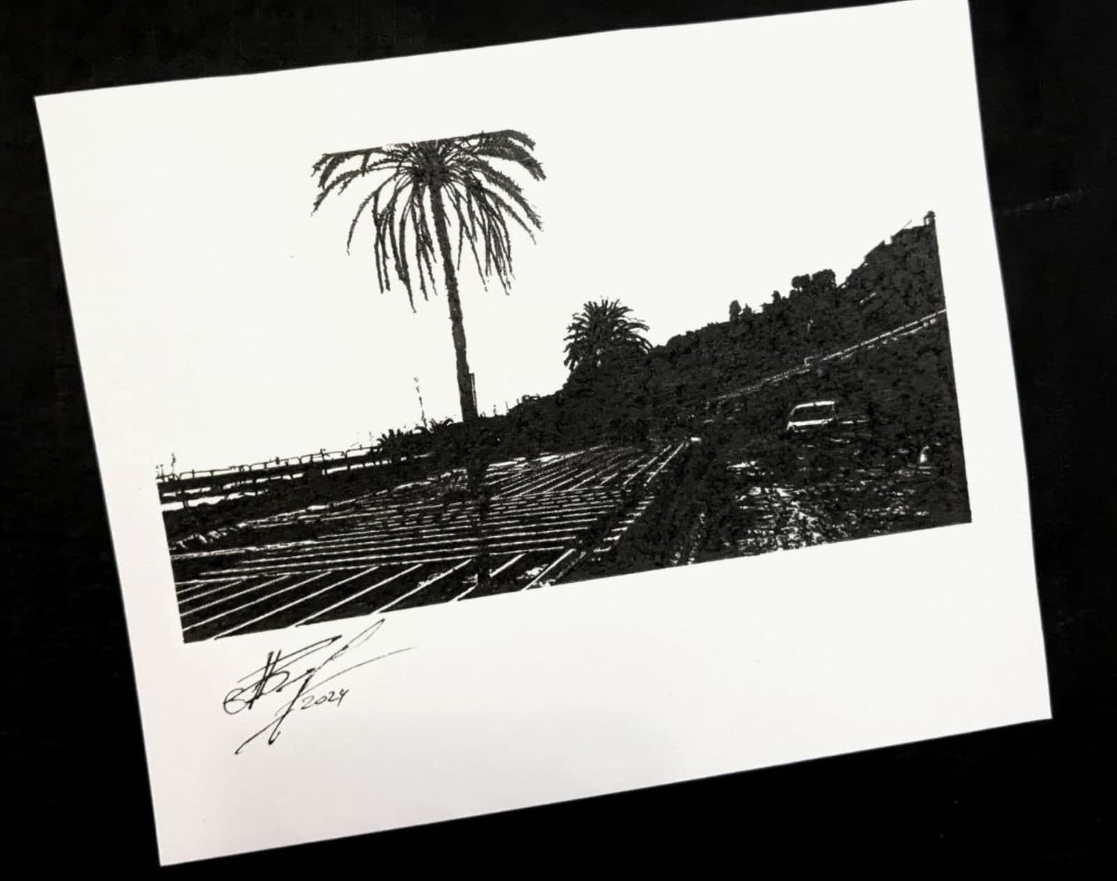 Original hand-drawn Menton postcard: Palm and coast