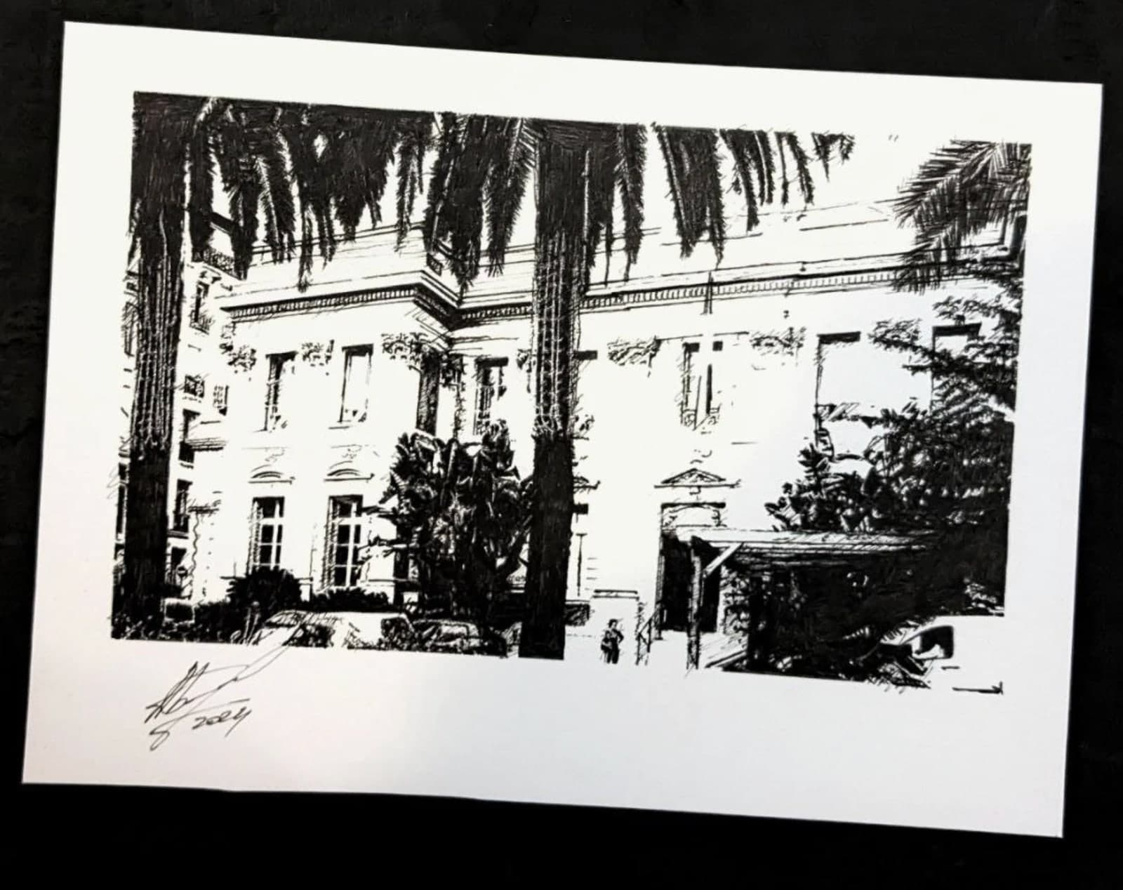 Original hand-drawn Menton postcard: Palms and facade