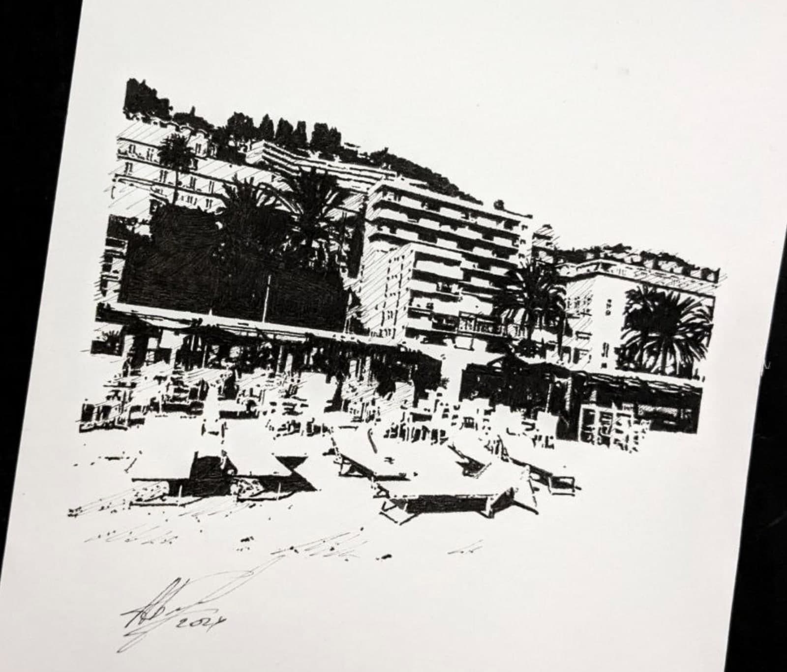 Original hand-drawn Menton postcard: Seafront square