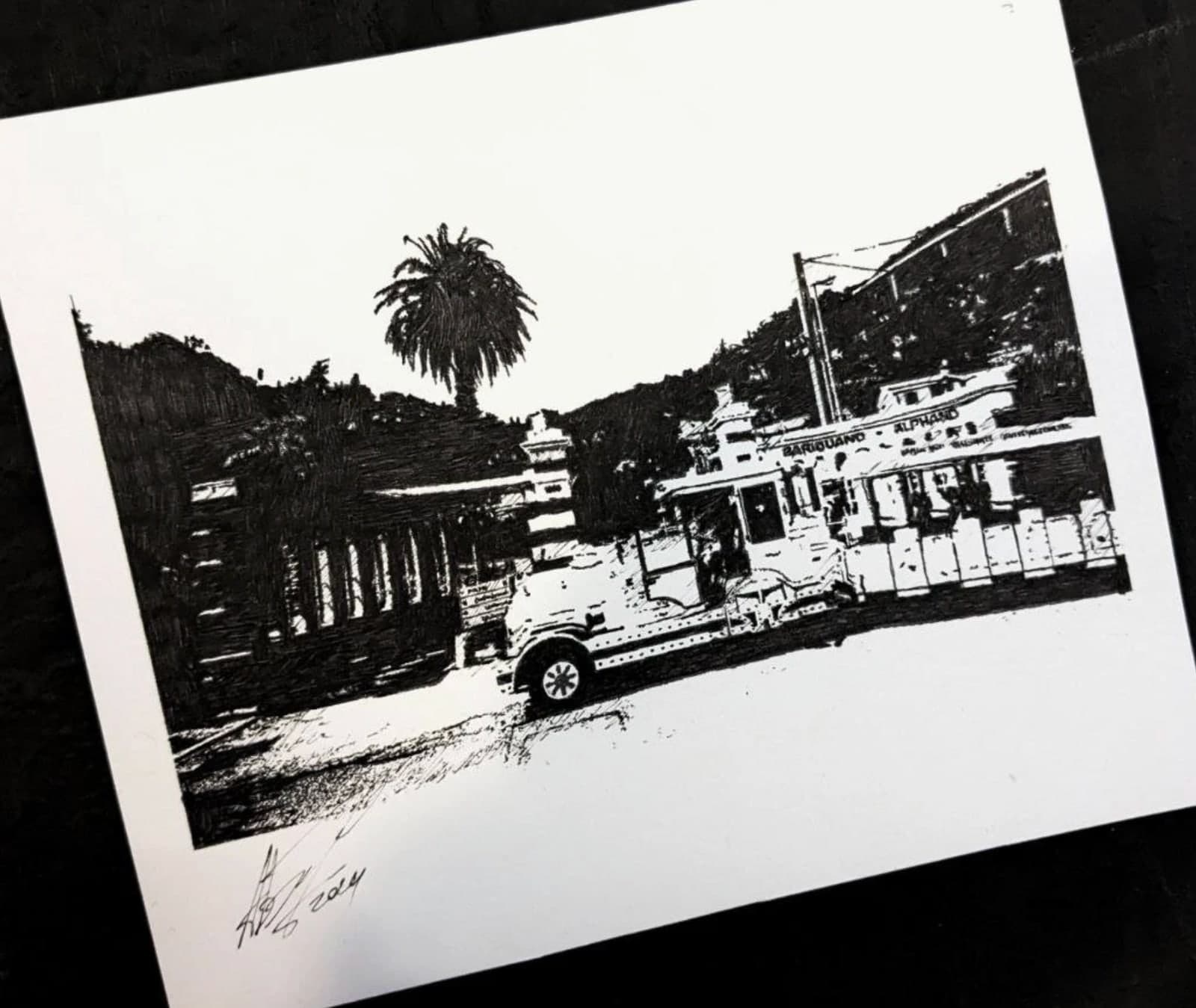 Original hand-drawn Menton postcard: Seafront van
