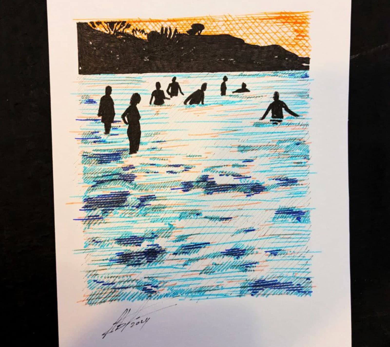 Original hand-drawn Menton postcard: Swimmers