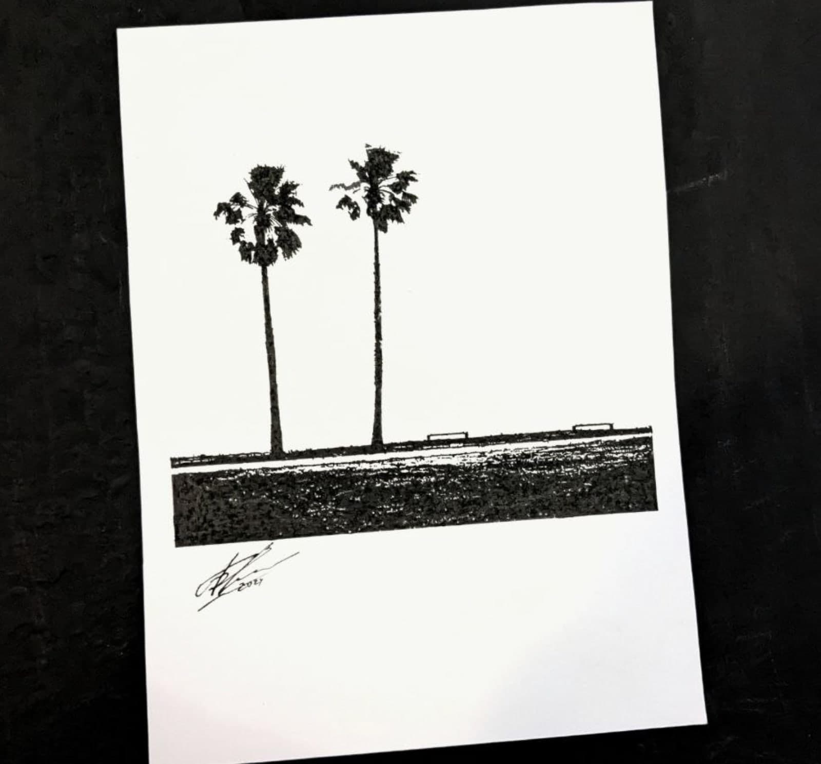 Original hand-drawn Menton postcard: Two palms