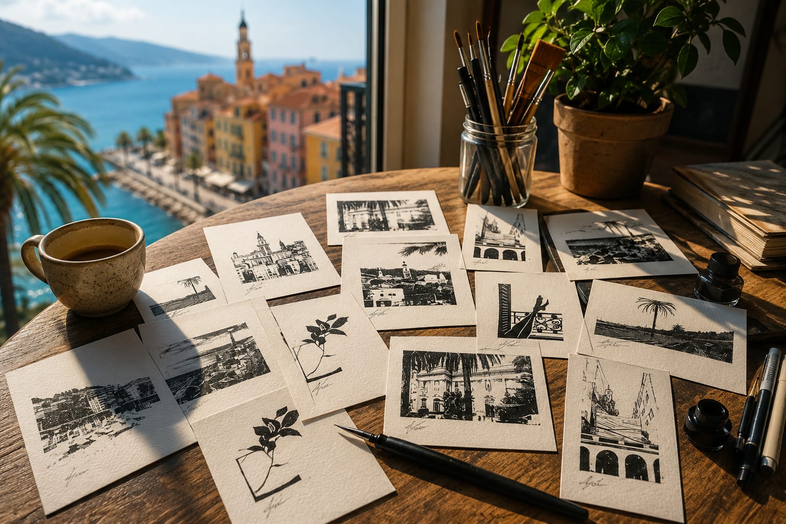 Drawing desk with a Menton postcard collection
