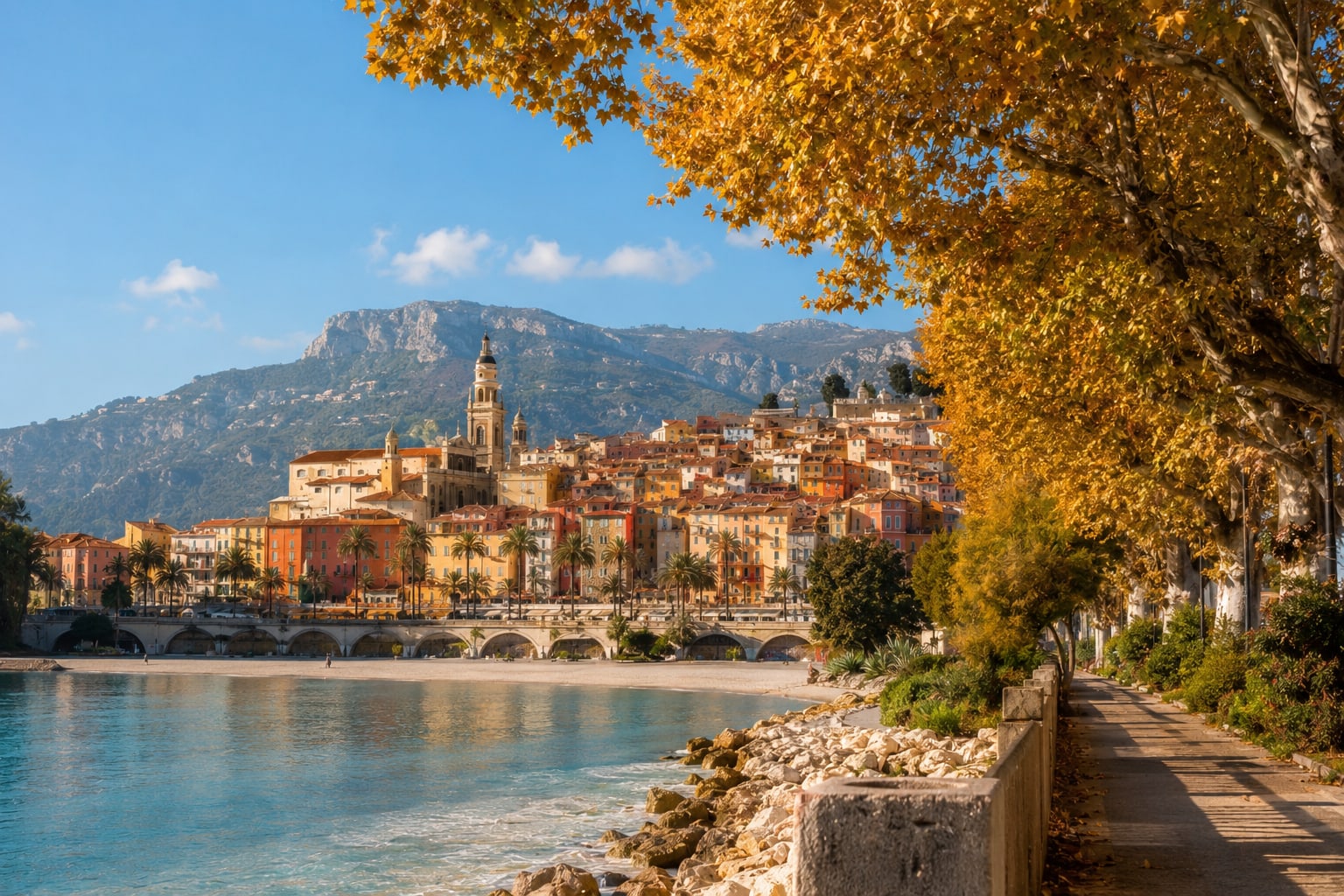 Autumn view over Menton and the Mediterranean