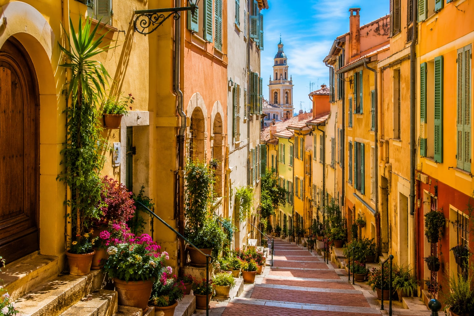 Illustration of colourful old town streets and sea views in Menton