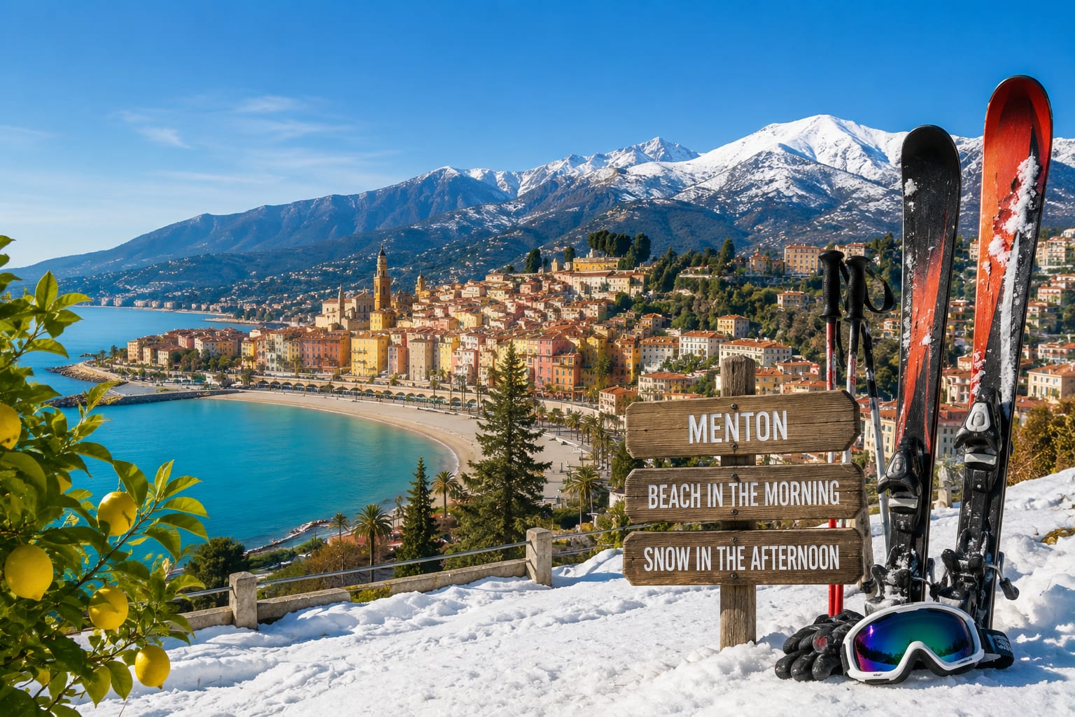 Illustration of mountain and snow escapes from Menton