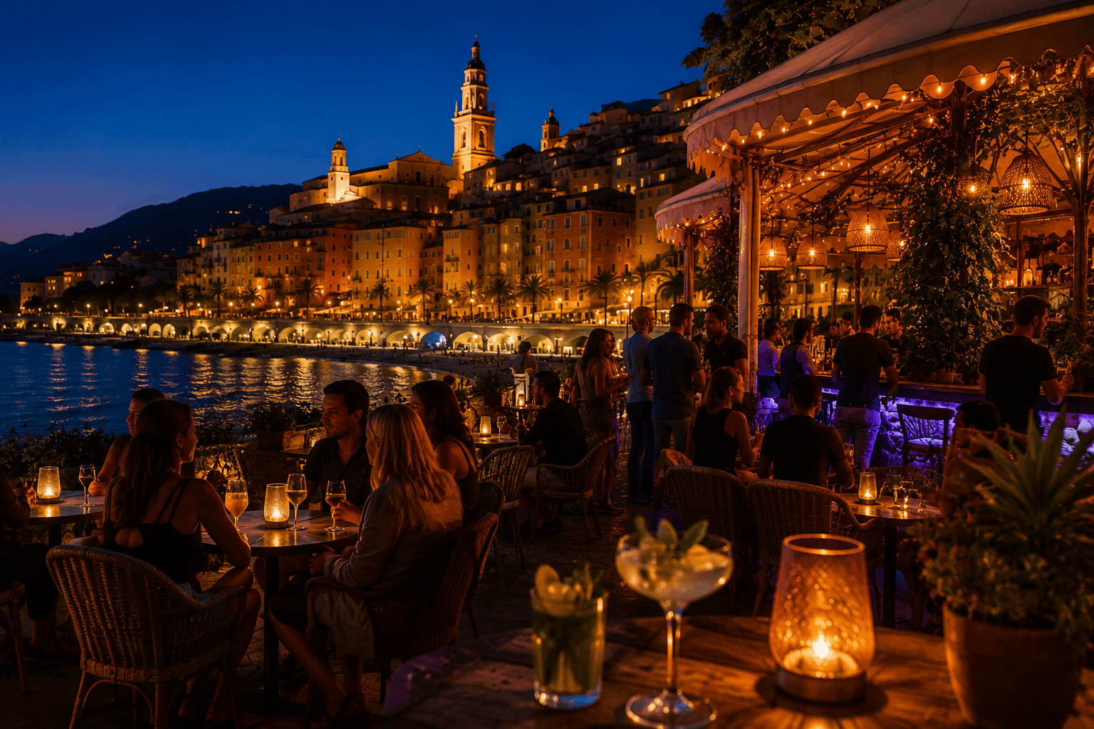 Illustration of evening drinks and nightlife in Menton