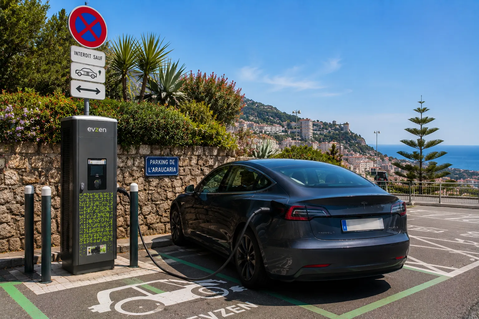 Illustration of EV charging at Parking de l'Araucaria in Menton