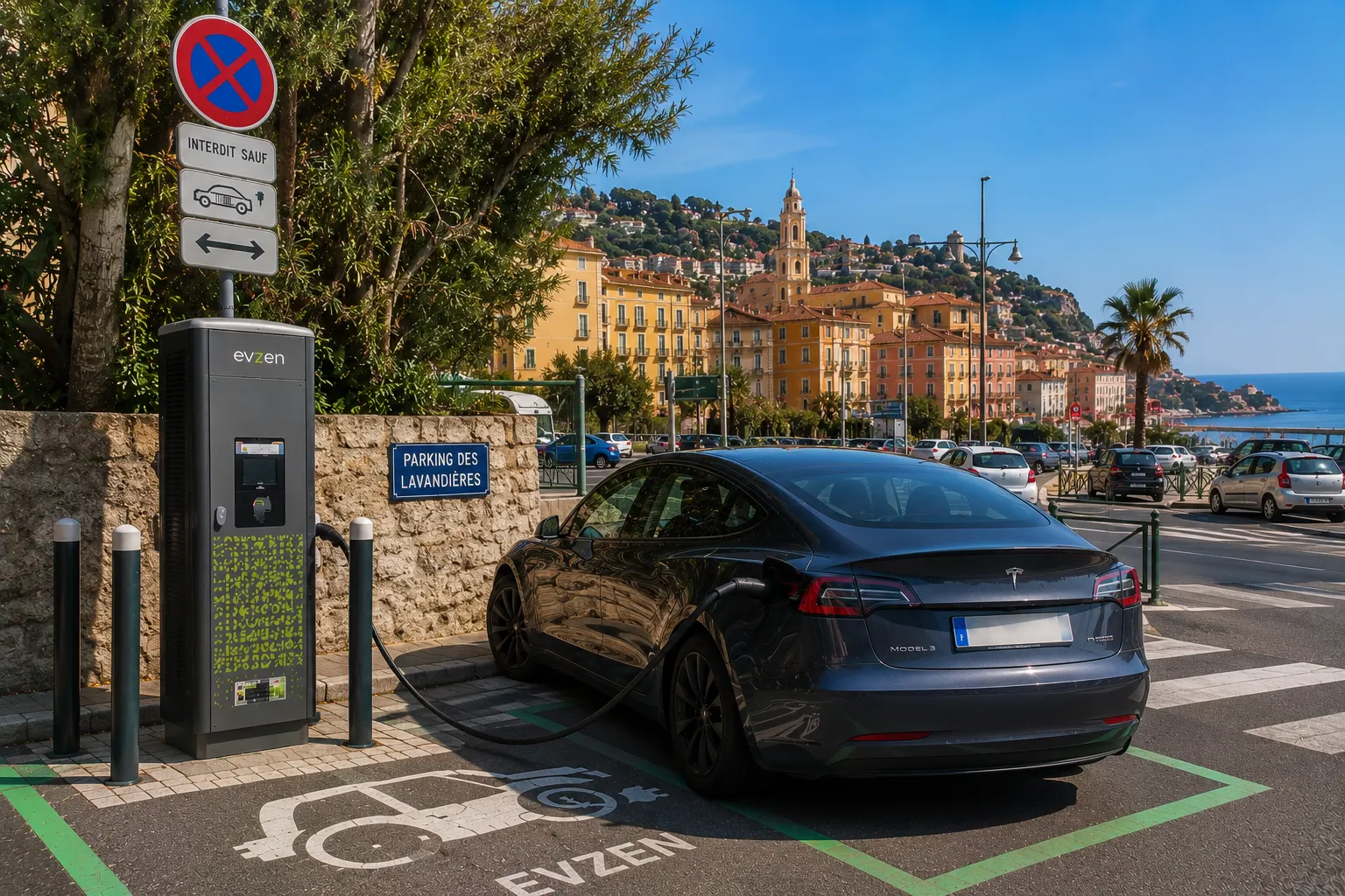 Illustration of EV charging at Parking des Lavandieres in Menton