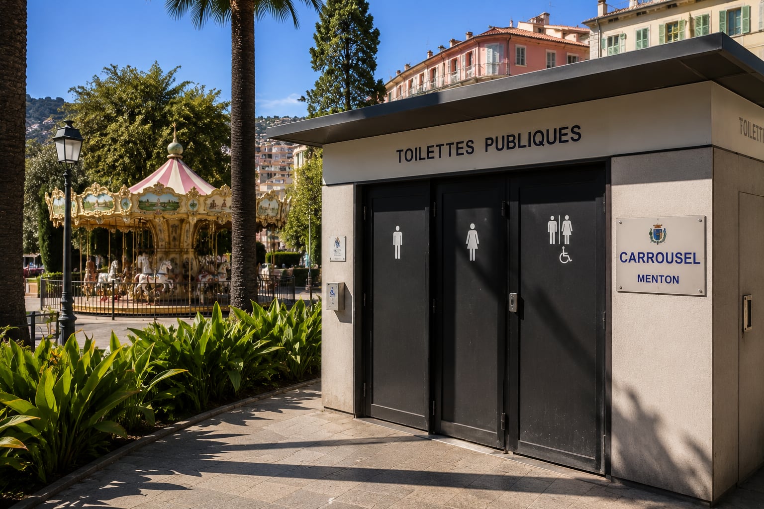 Illustration of public toilets beside the carousel at Place Clemenceau, Menton