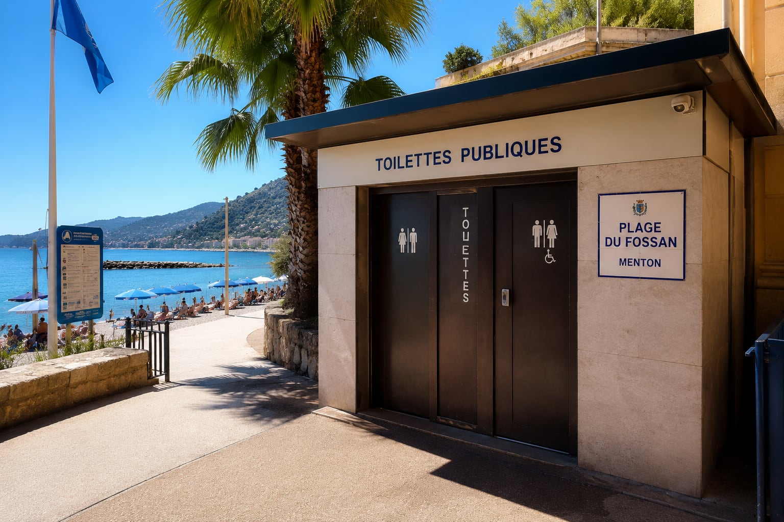 Illustration of the public toilets at Plage du Fossan in Menton