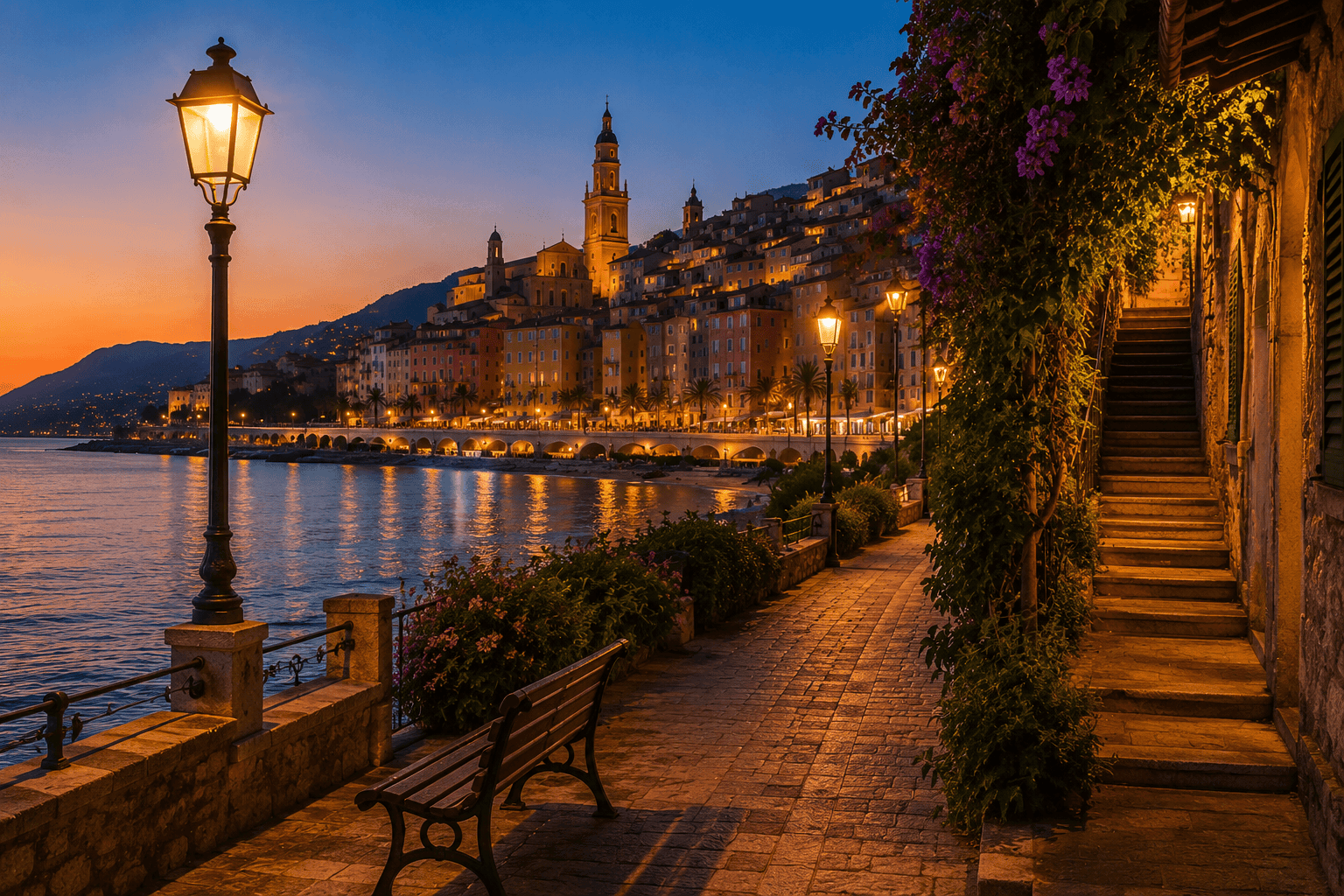 Illustration of a quiet evening walk in Menton