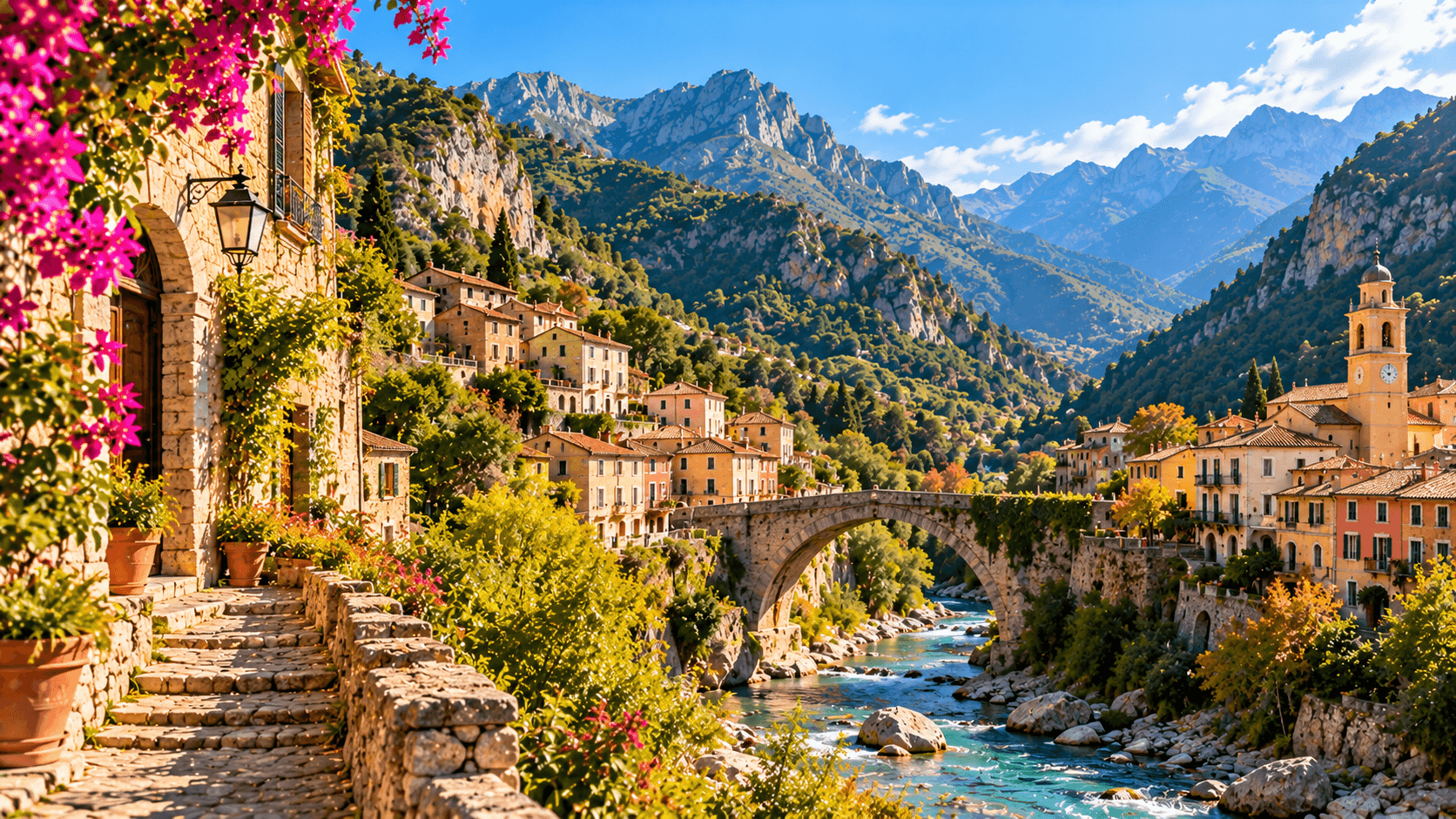 Illustration of a mountain village and river in the Roya Valley