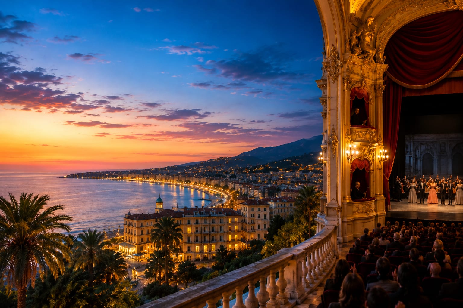 Illustration of theatre, opera and performing arts near Menton