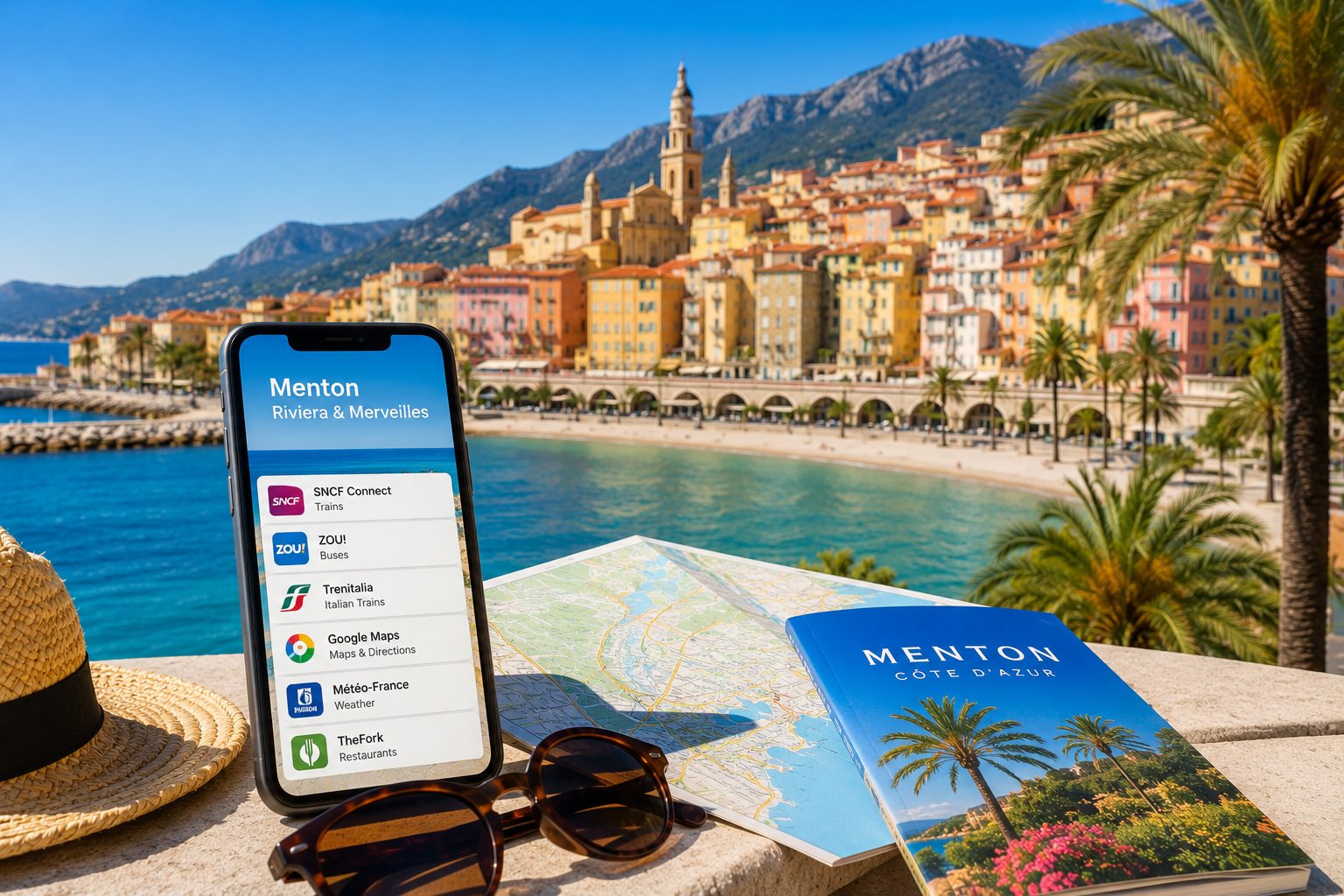 Illustration of useful apps and websites for Menton
