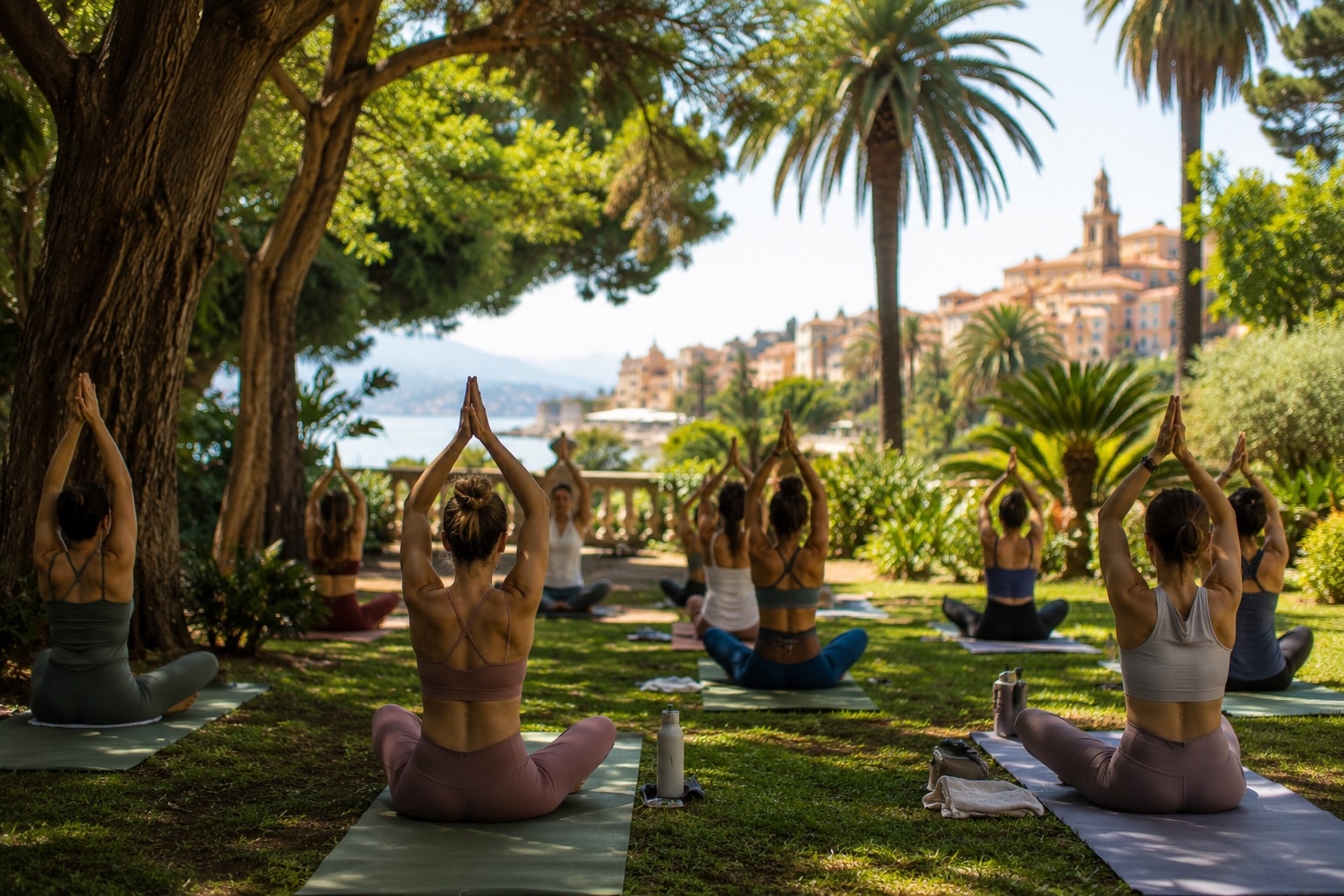 Yoga practice by the Menton seafront